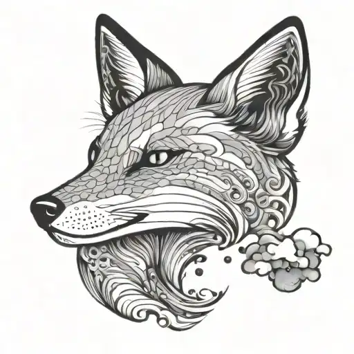 mosaic of clouds and crashing waves, a fox coming out of the clouds tattoo design idea