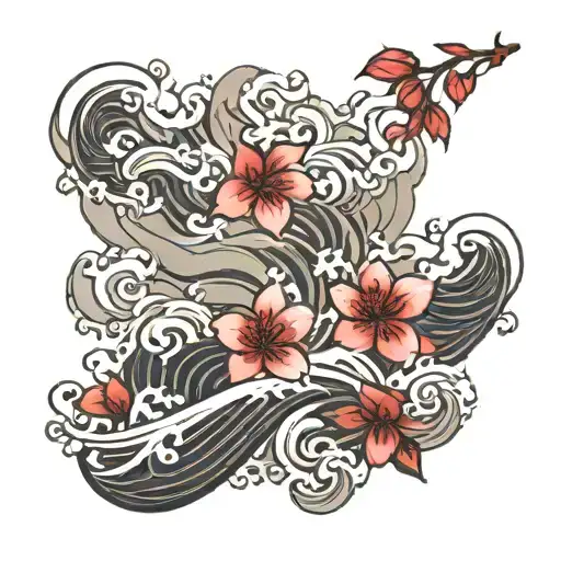 mosaic of clouds and waves crashing, cherry petals flying. black and white tattoo design idea