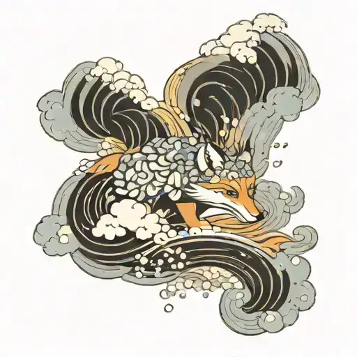 mosaic of clouds and crashing waves, a fox coming out of the clouds tattoo design idea