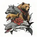 Bear on top of shark and honey badger on top of eagle in war tattoo design idea