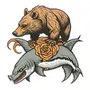 Bear on top of shark and honey badger on top of eagle in war tattoo design idea