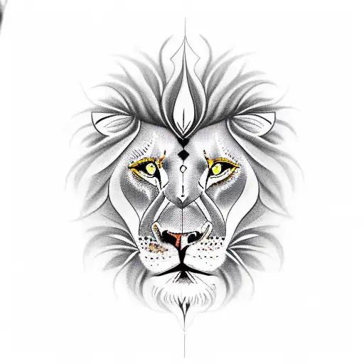 woman combined with a yellow-eyed lion tattoo design idea