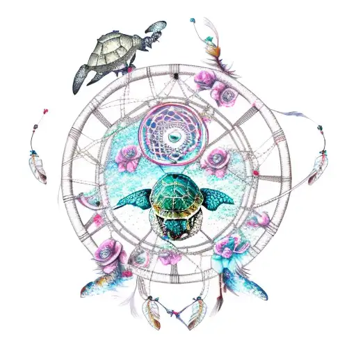 dream catcher with a sea turtle and rose tattoo design idea