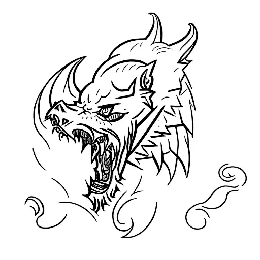 Create a tattoo featuring a witcher battling a fearsome monster from Slavic folklore in a minimalist style tattoo design idea
