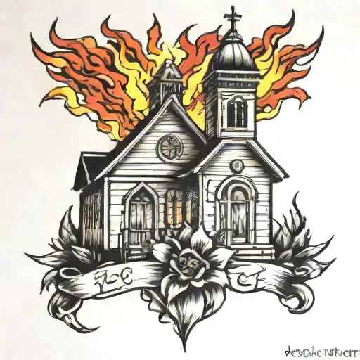 burning church tattoo design idea