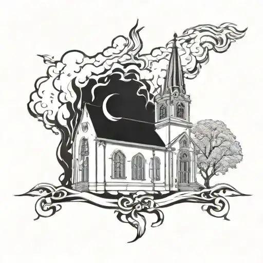 burning church with devils head underneath  tattoo design idea