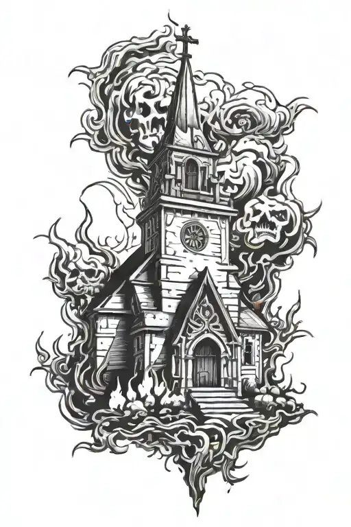 burning church with devils head underneath  tattoo design idea