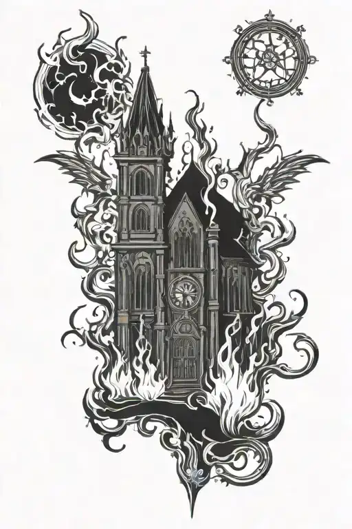 burning church with devil tattoo design idea