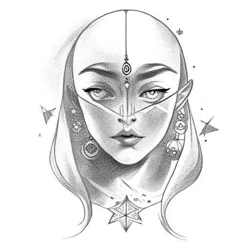 tarot card with a woman´s face and a star in background tattoo design idea