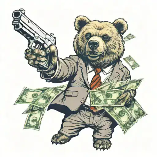 a tattoo of angry bear in suit holding gun surrounded by $100 dollar bills tattoo design idea