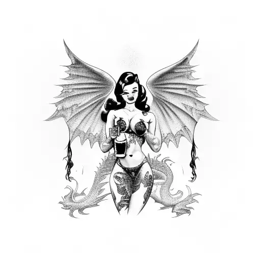 A seductive pin-up girl with dragon wings, holding a foaming beer mug and surrounded by swirling smoke tattoo design idea