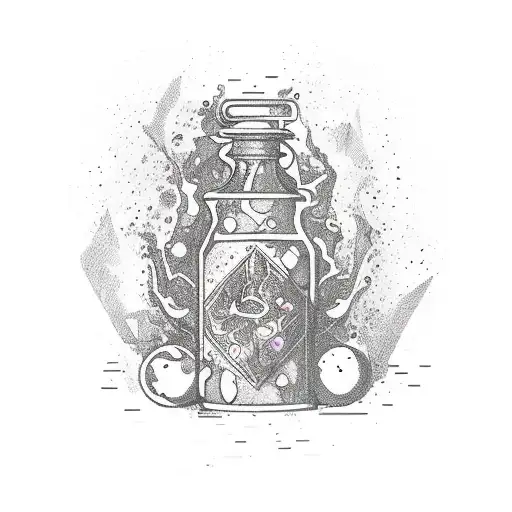 A mystical potion bottle overflowing with colorful ooze, surrounded by magical symbols and a banner that says 'Passion' tattoo design idea