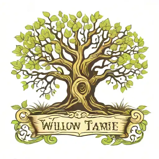 willow family tree name as trunk drawn tattoo design idea
