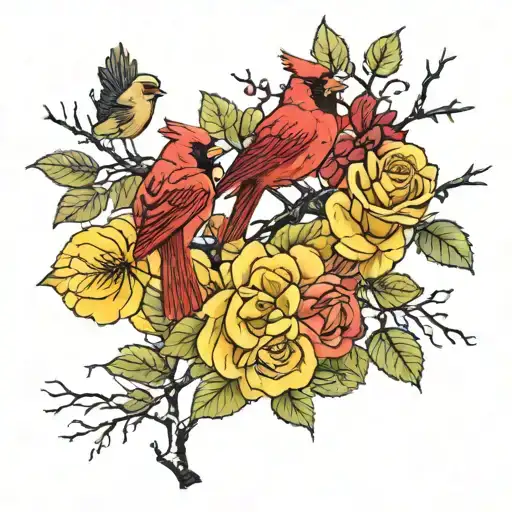 birch trees with cardinal and yellow tea roses.  tattoo design idea