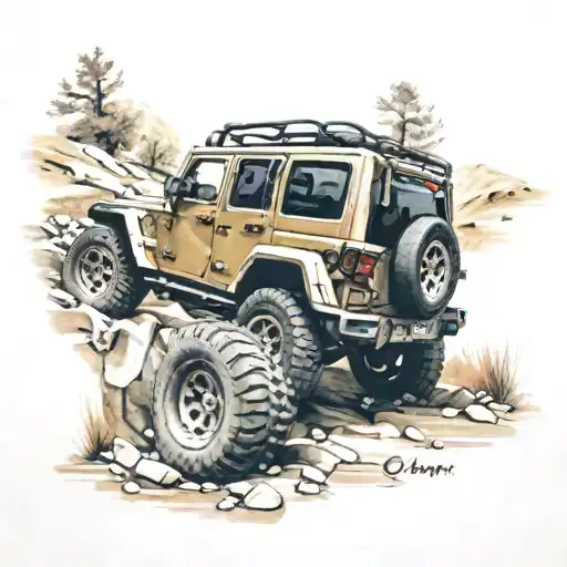A Jeep off-roading over a rugged terrain with a spinal cord injury ribbon incorporated into the design tattoo design idea