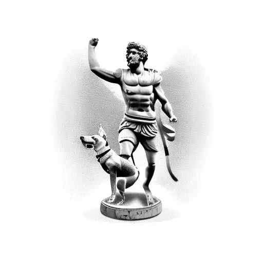 A Greek statue of a football player with a dog at his feet, combining the client's interests in Greek culture, football, and dogs tattoo design idea
