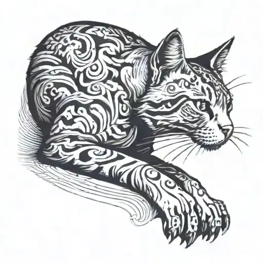 a sitting cat seen from the right profile, extending its front right paw towards a human hand tattoo design idea