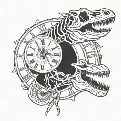 dinosaur skeleton and clock tattoo design idea