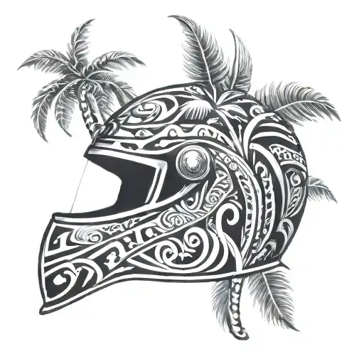 An intricate design of a racing helmet adorned with tribal motifs and Florida palm trees tattoo design idea