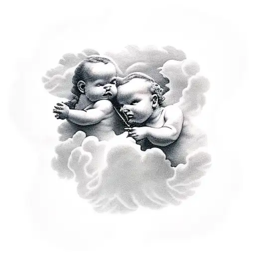3 individual cherub's around clouds tattoo design idea