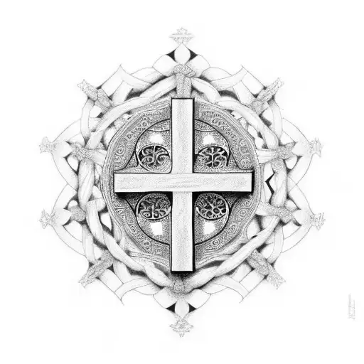A cross made up of intricate patterns and symbols representing the Holy Spirit tattoo design idea