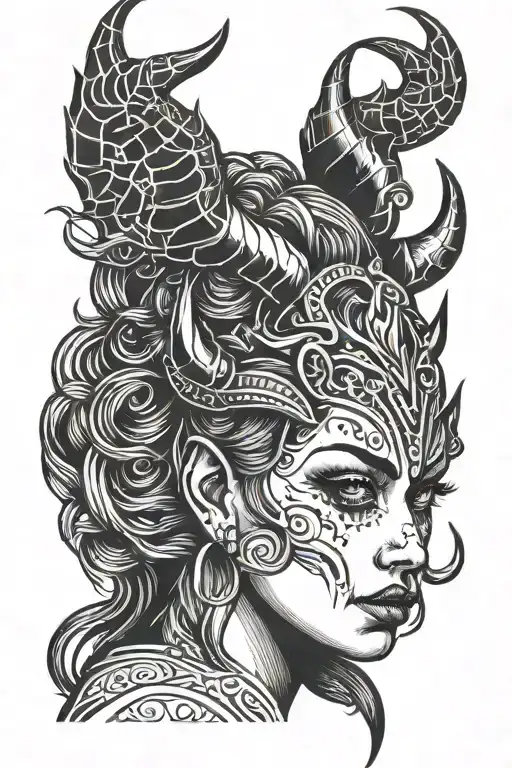 woman with devil horns tattoo design idea
