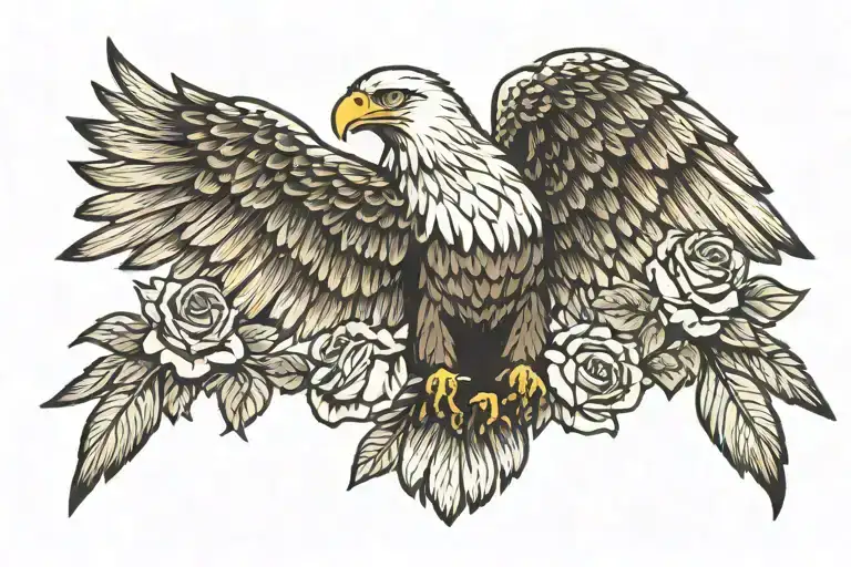 eagle two roses under the wings spread wide with American flag tattoo design idea