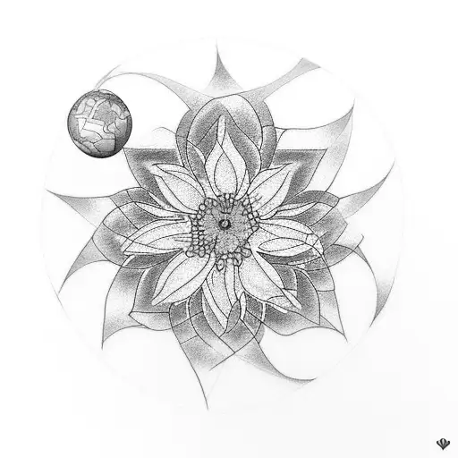 A unique dotwork tattoo of a teacher's favorite flower, with delicate petals forming the shape of a globe, symbolizing the love for both nature and travel. tattoo design idea