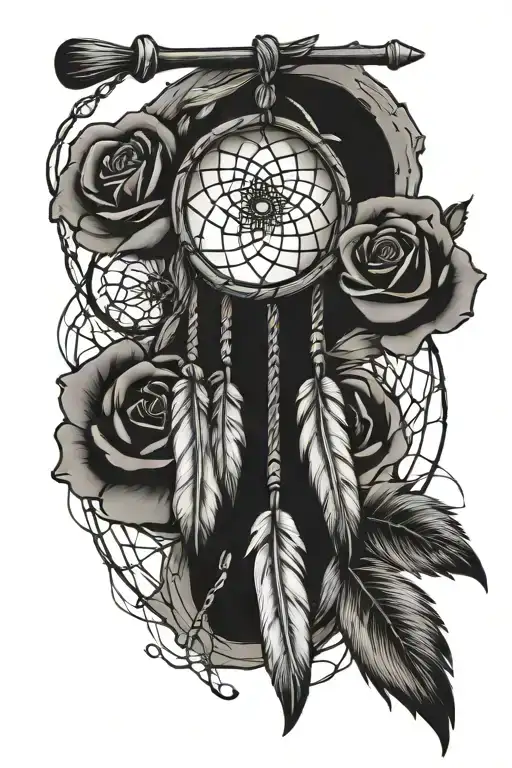 dream catcher with hatchet and roses  tattoo design idea