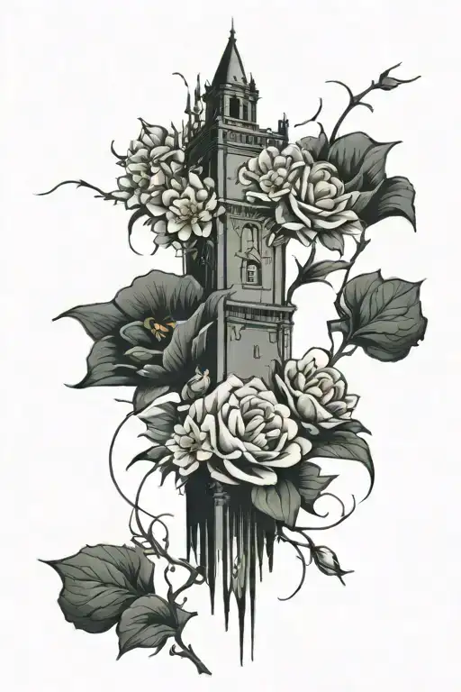 dark tower surrounded by flowers tattoo design idea