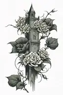 dark tower surrounded by flowers tattoo design idea