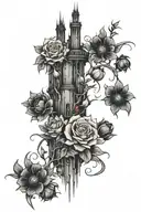 dark tower surrounded by flowers tattoo design idea