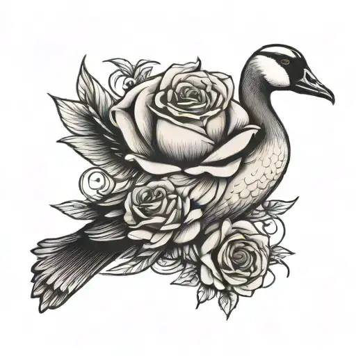 goose holding rose on beak tattoo design idea
