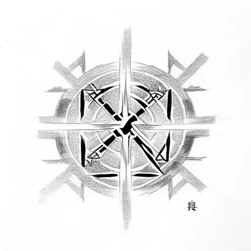 Christian Cross in the middle with japanese love kanji on the right and anarchy symbol on the left with wolves tattoo design idea