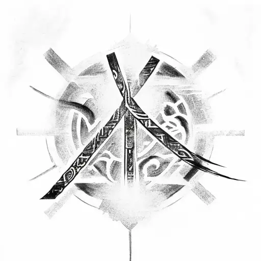 Cross in the middle with japanese love kanji on the right and anarchy symbol on the left with wolves tattoo design idea