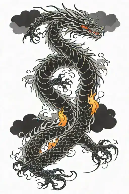 long dragon with fire and clouds back ground  tattoo design idea
