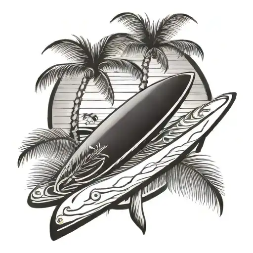 Surfboard with coconut tree made tattoo design idea