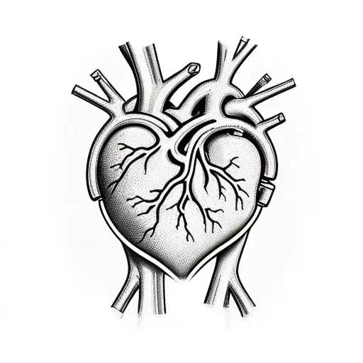 Anatomical heart with scars located in the center of the chest, where the ribs act as bars, as if the heart were in a pr tattoo design idea