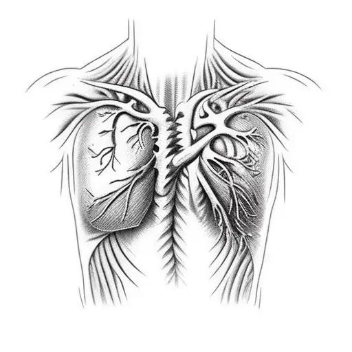 Anatomical heart with scars on the chest, where the ribs act as bars, as if the heart were in a prison. On the breastbon tattoo design idea