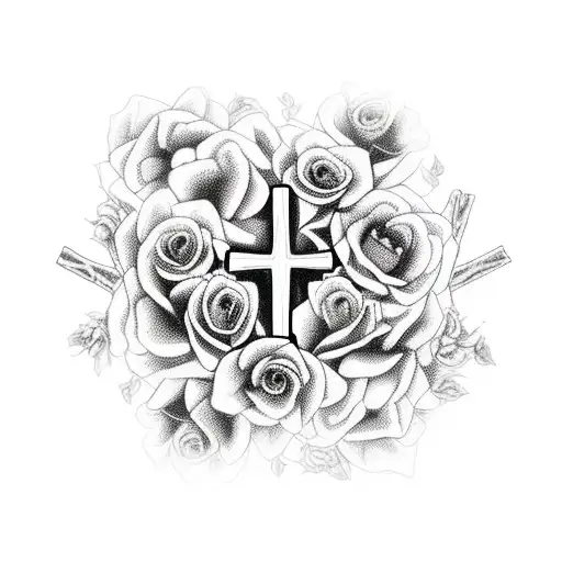 A cross made of intertwined animal silhouettes, surrounded by roses and candles tattoo design idea