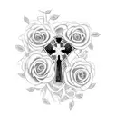 A cross made of intertwined animal silhouettes, surrounded by roses and candles tattoo design idea