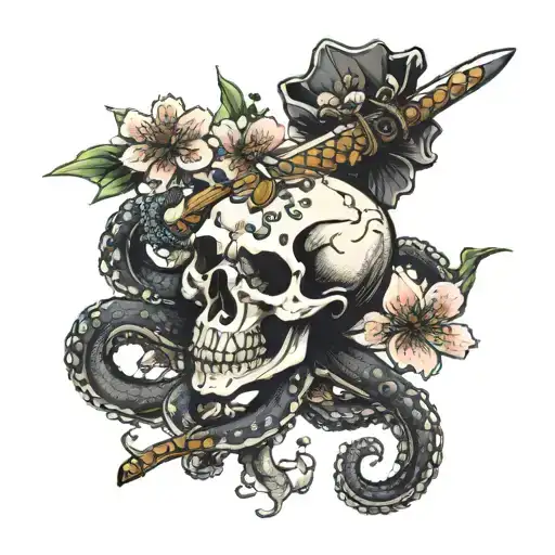 skull octopus with cherry blossoms holding a frog with sword tattoo design idea