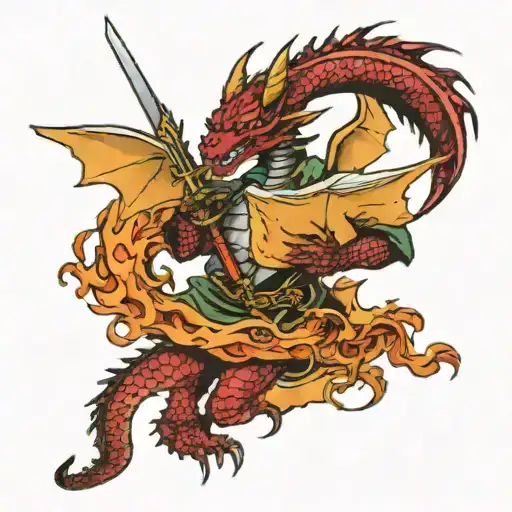 dragon holding in one hand a sword that pierces a book in other flame  tattoo design idea