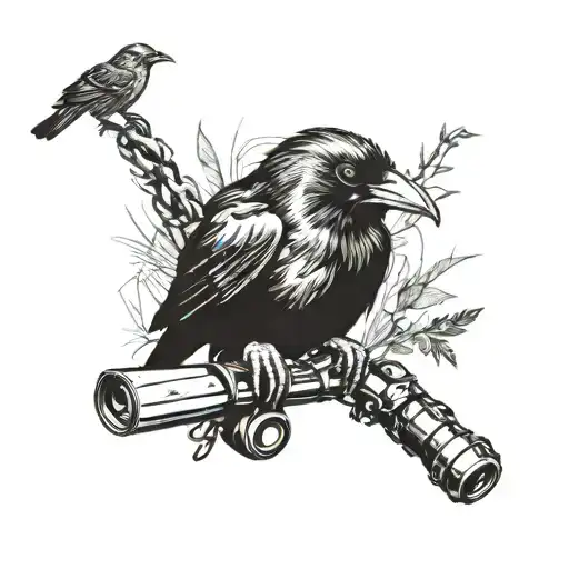 A crow with a security camera instead of a head sits on the ground, under its paw is the corpse of a rat, next to it is a sparrow holding a gun, near the sparrow tattoo design idea