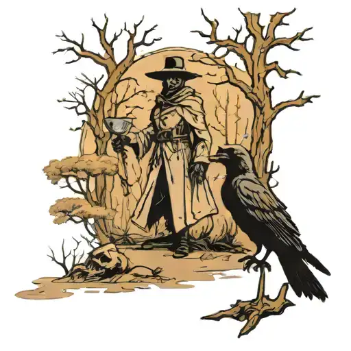 "Plague doctor, standing in a dry forest, skulls lie on the trees and on the ground, a raven flies overhead, graphic style, style tattoo design idea