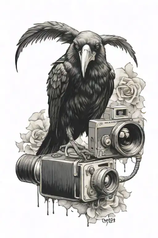 Crow, a security camera instead of a head, a rat corpse under its paw tattoo design idea