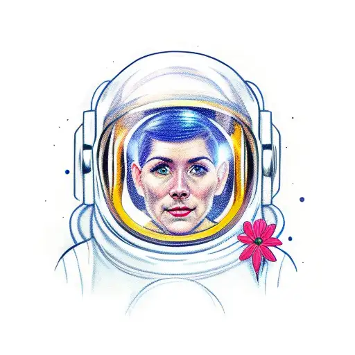 astronaut with flowers coming out of the helmet tattoo design idea