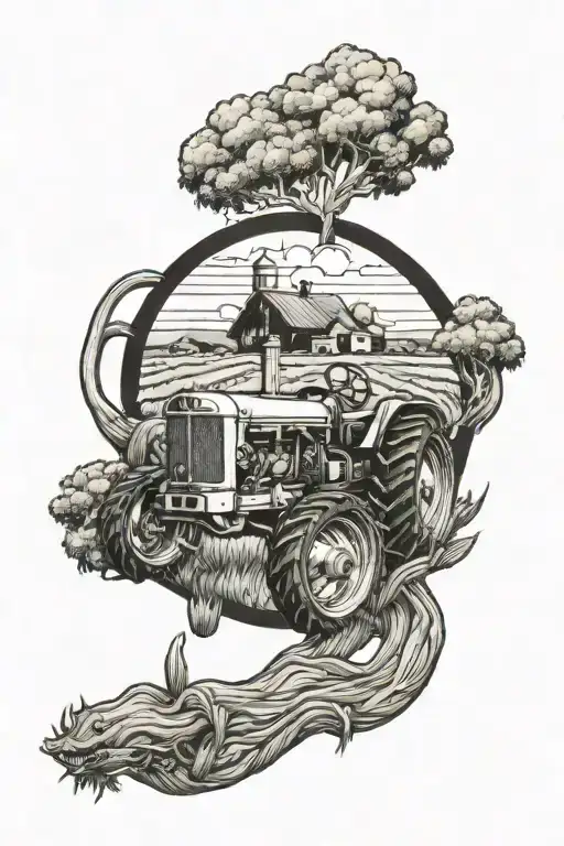 farm scene with antiqure tractor plowing tattoo design idea