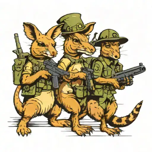 kangaroo, Dino and emu wearing army helmet holding guns while marching like war soldiers  tattoo design idea