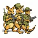 kangaroo, Dino and emu wearing army helmet holding guns while marching like war soldiers  tattoo design idea
